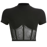 T-shirts Black Slim Stand Collar Mesh Solid High