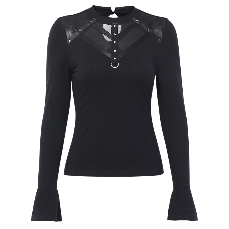 Mesh Patchwork Long Sleeve Tops T-shirts