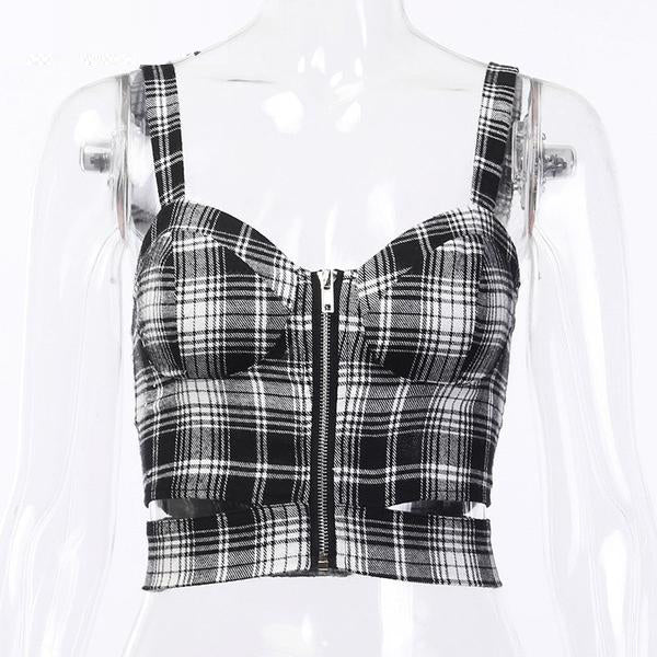 Goth Dark Plaid Zipper Strap Tops