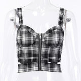 Goth Dark Plaid Zipper Strap Tops