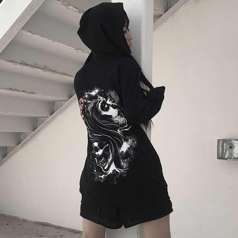 Gothic Hoodies Skull Print Zip-Up