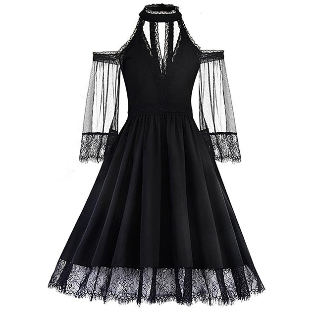 Romantic Gothic Cold Shoulder Lace Mesh Dress
