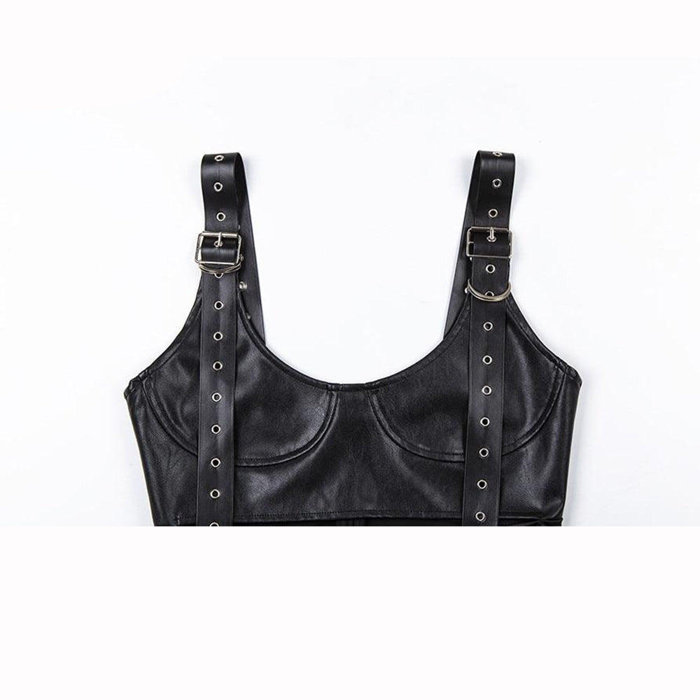 Punk Black Leather Mini Bodycon Dress