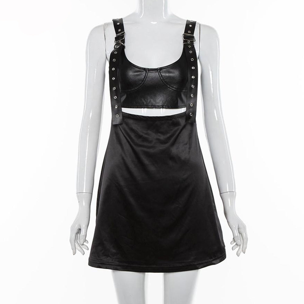 Punk Black Leather Mini Bodycon Dress