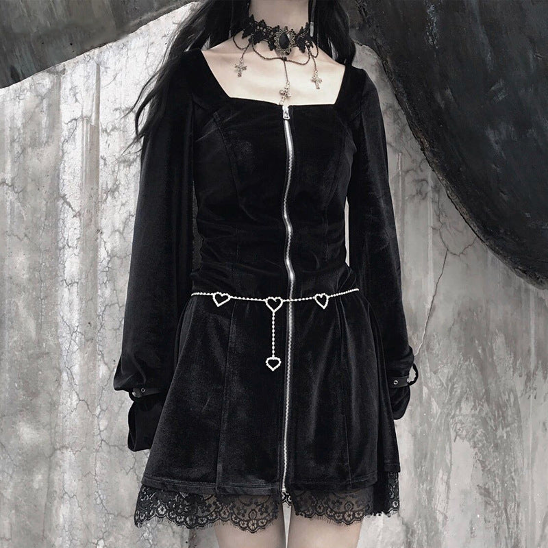 Velvet Winter Dress Zip-Up Lace