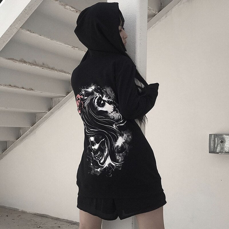 Gothic Hoodies Skull Print Zip-Up