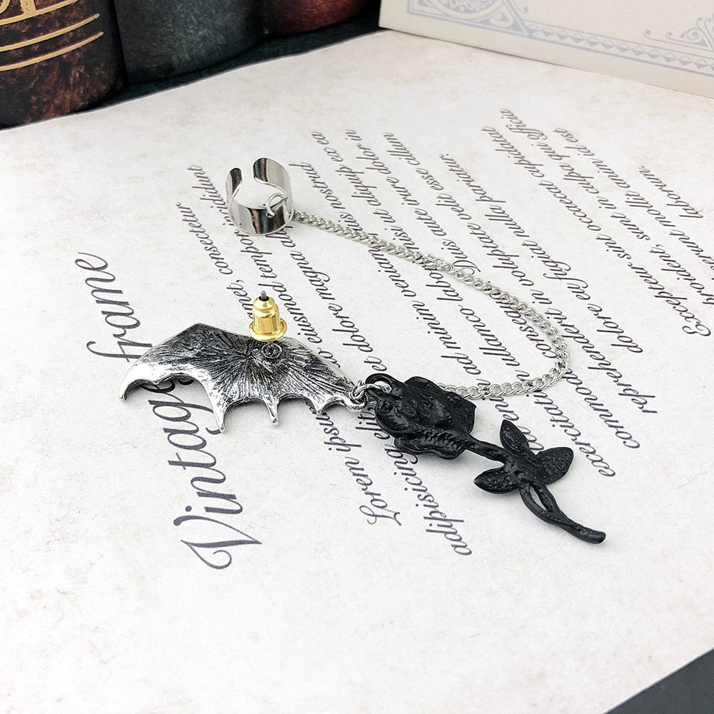 Gothic Bat Black Rose Chain Earrings