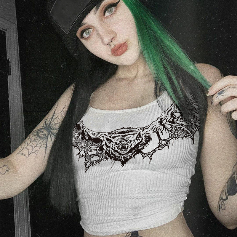 Gothic Sexy White Tank Tops Bat Print