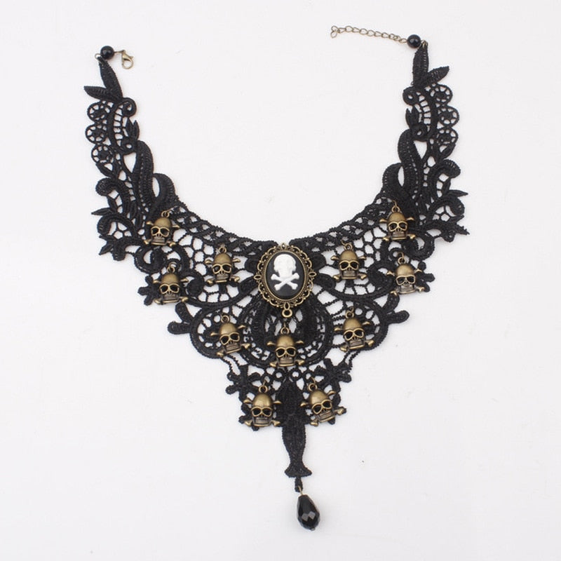 Gothic Choker Lace Skull Gold