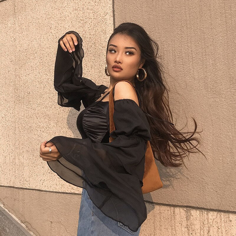 Shoulder Sexy Crop Top Long Sleeve