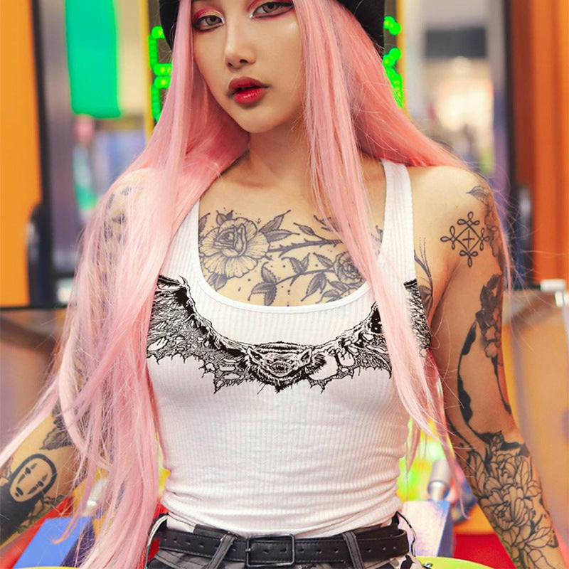 Gothic Sexy White Tank Tops Bat Print