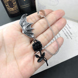 Gothic Bat Black Rose Chain Earrings
