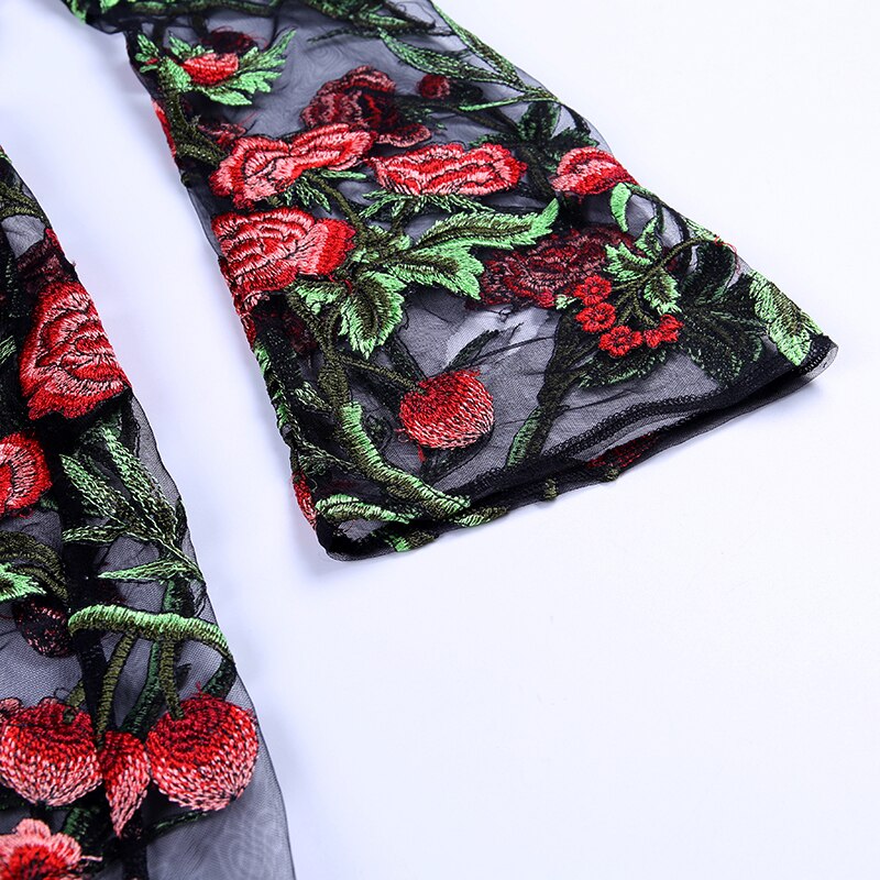 Sexy Rose Embroidery Maxi Mesh Dress