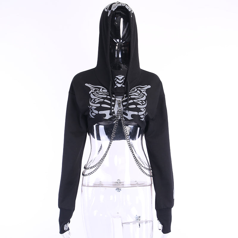 Gothic Reflective Hoodies Skeleton Print Vintage