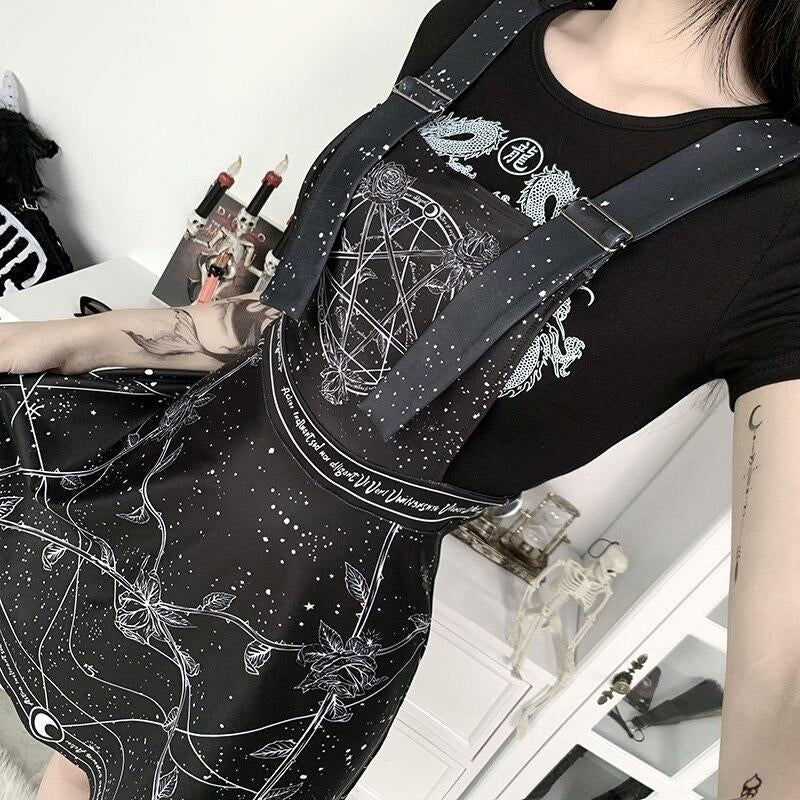 Gothic Strap Dress Moon Print Adjustable Shoulder