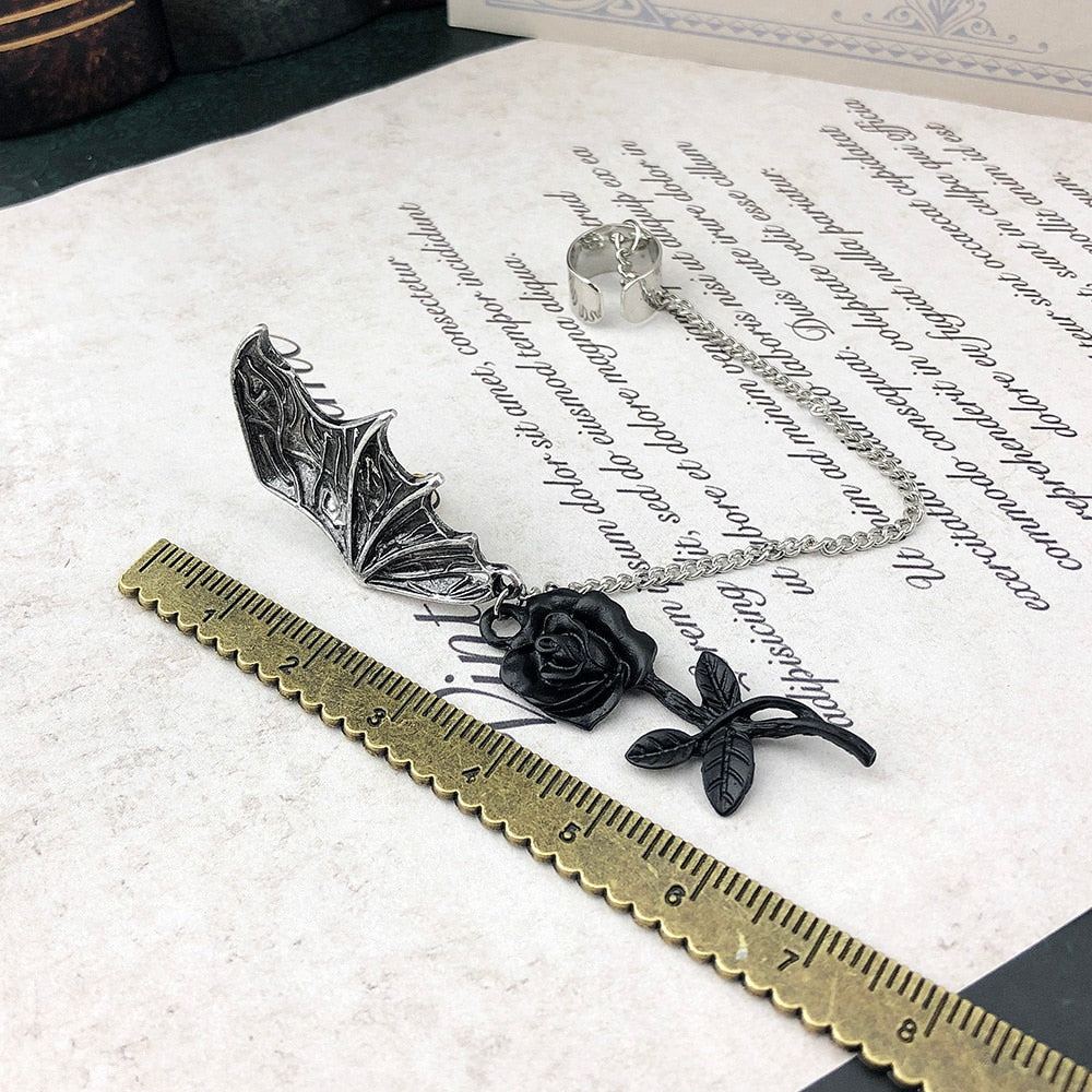 Gothic Bat Black Rose Chain Earrings