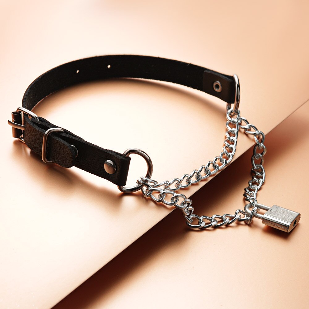 Gothic Choker Pu Leather Lock Chain