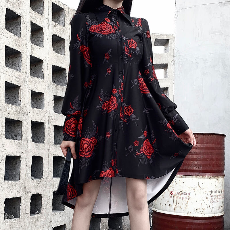 Vintage Black T-shirt Mini Dress Rose Print