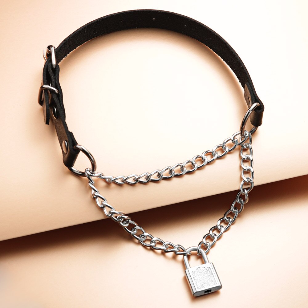 Gothic Choker Pu Leather Lock Chain