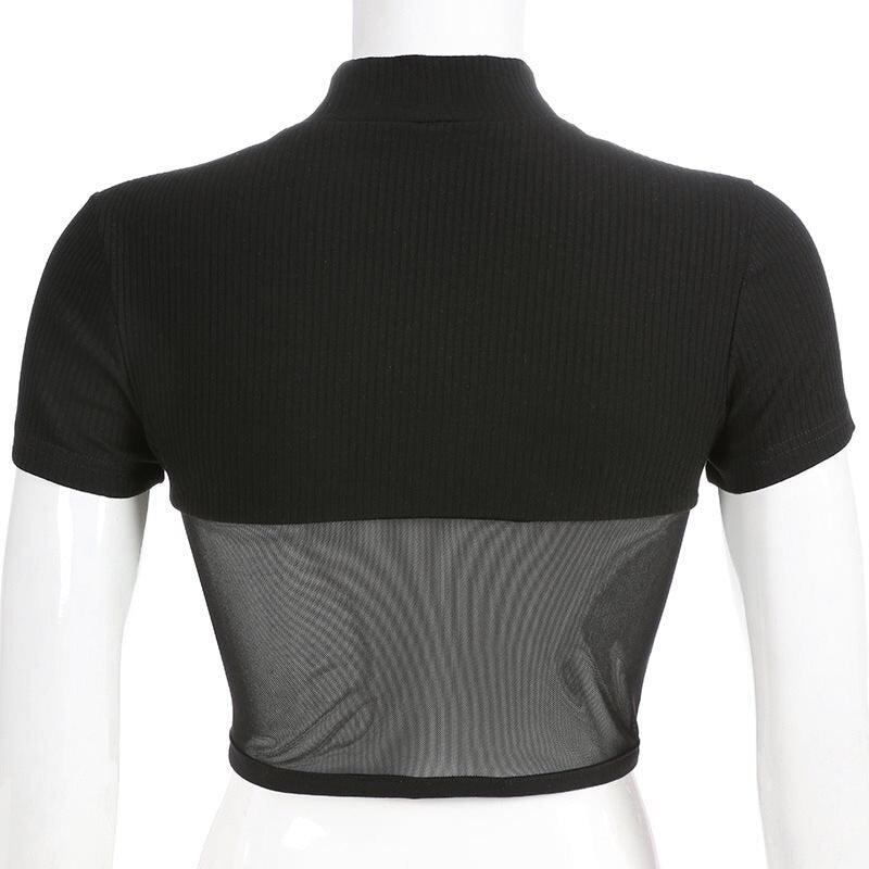 T-shirts Black Slim Stand Collar Mesh Solid High