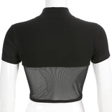 T-shirts Black Slim Stand Collar Mesh Solid High