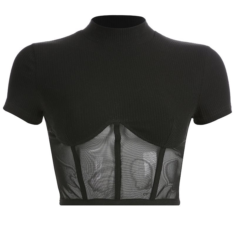 T-shirts Black Slim Stand Collar Mesh Solid High