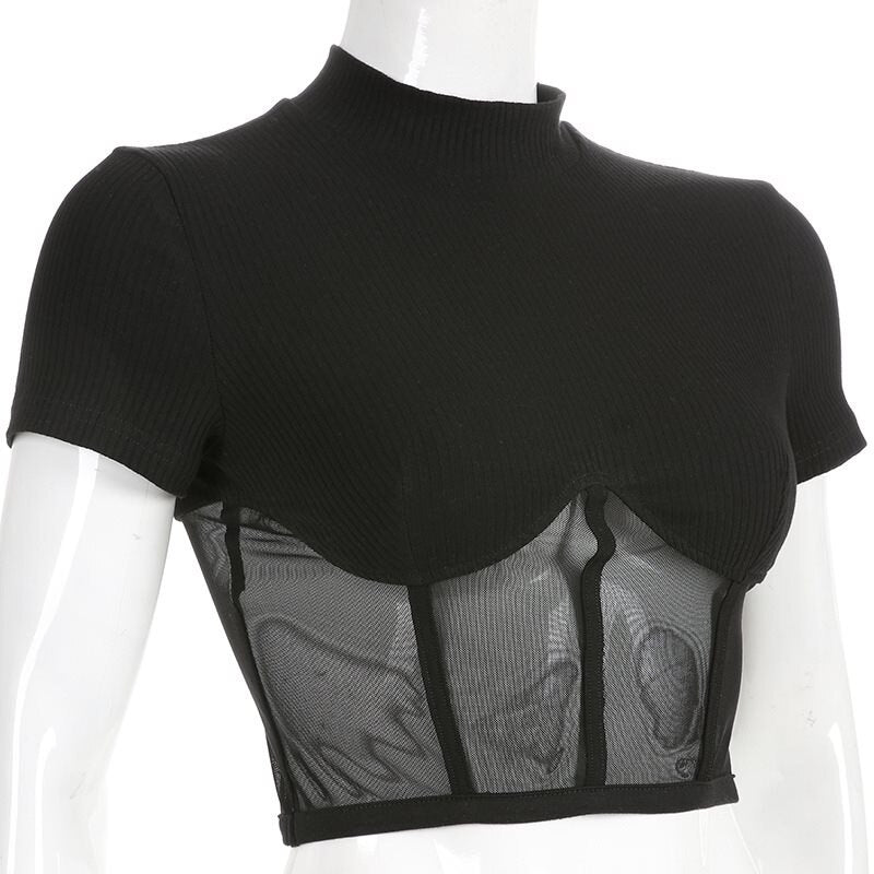 T-shirts Black Slim Stand Collar Mesh Solid High