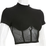 T-shirts Black Slim Stand Collar Mesh Solid High