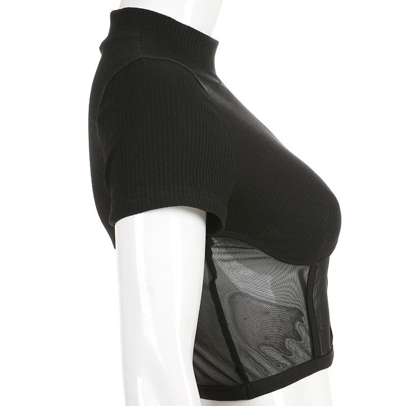 T-shirts Black Slim Stand Collar Mesh Solid High