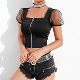 Zipper Mesh Hollow Out Halter Gothic T-shirt