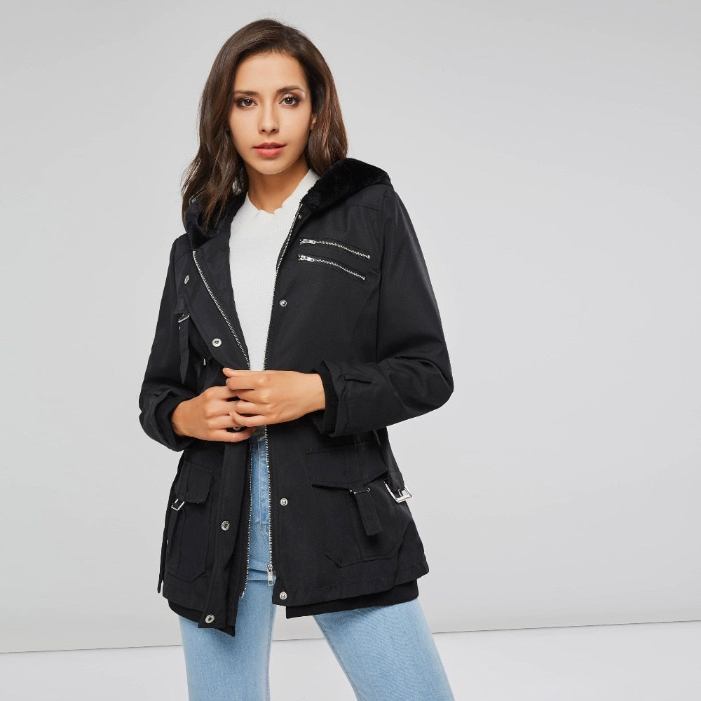 Zippers Belt Hooded Trench Coats