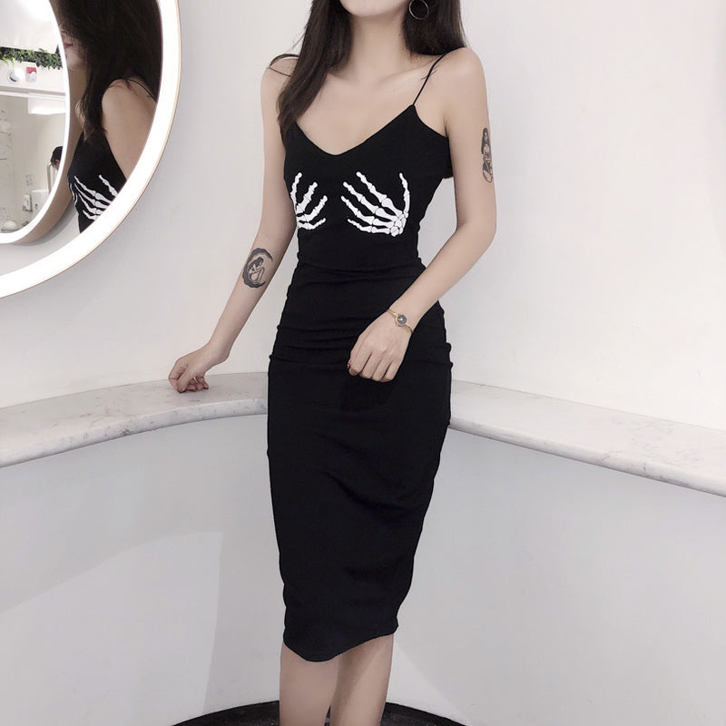 Dress Women Black Party Skull Hand