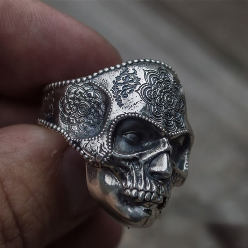Skull Ring Mens Mandala Flower Santa