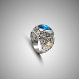 Big Sheep Goat Horn Head Finger Ring Blue Crystal Stone Jewelry