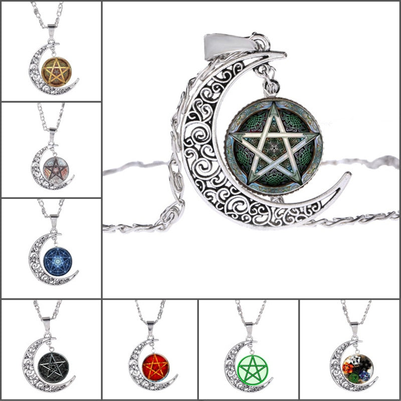 The Moon Pentagram Glass Pendant Necklace