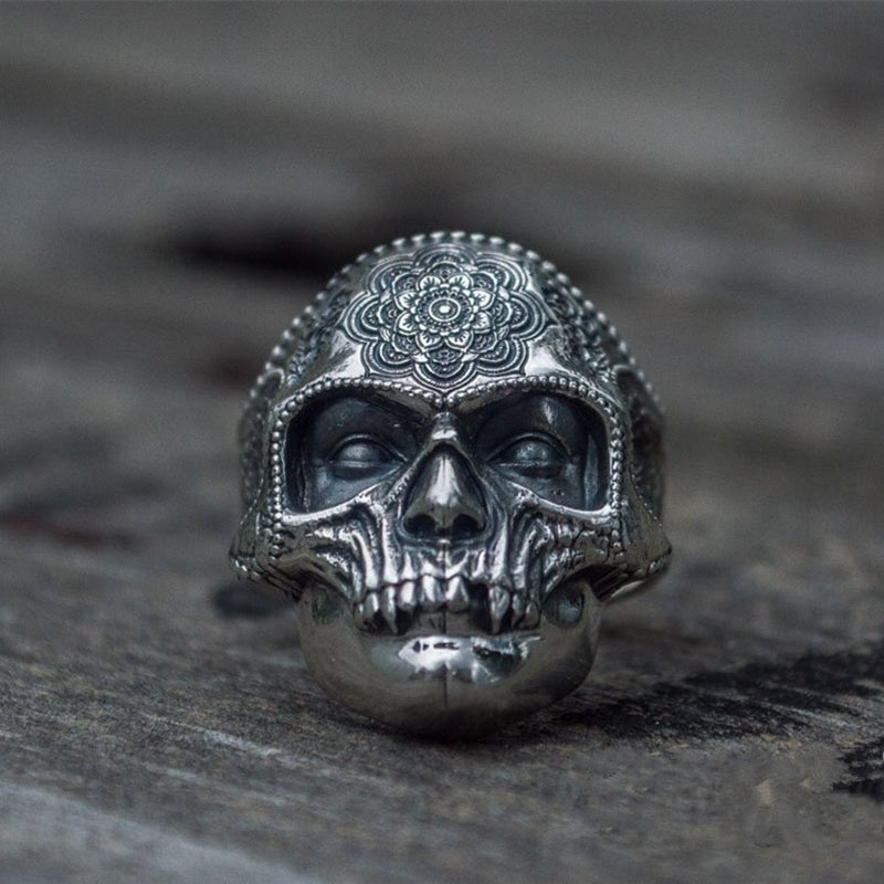 Skull Ring Mens Mandala Flower Santa