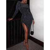 Glitter Long Dress Women Side Slit Long Sleeve