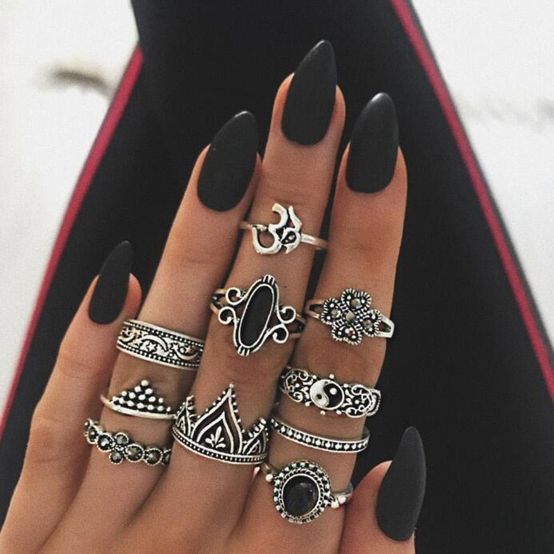 Vintage Geometric Ring Sets Black Rhinestone Flower