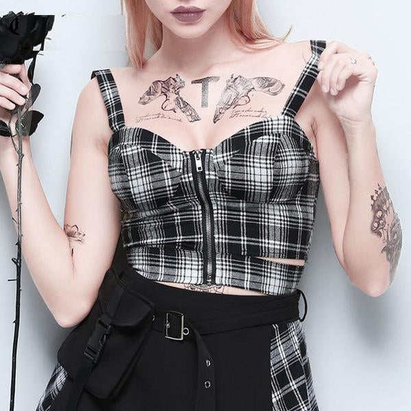 Goth Dark Plaid Zipper Strap Tops