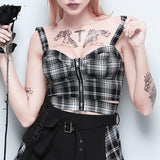 Goth Dark Plaid Zipper Strap Tops