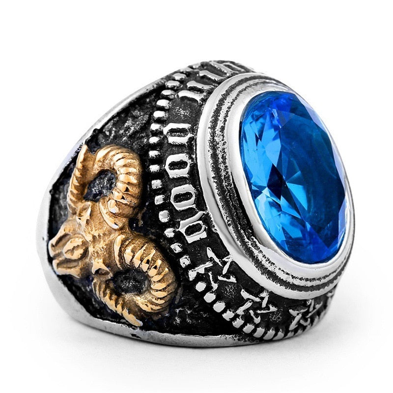 Big Sheep Goat Horn Head Finger Ring Blue Crystal Stone Jewelry