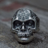 Skull Ring Mens Mandala Flower Santa