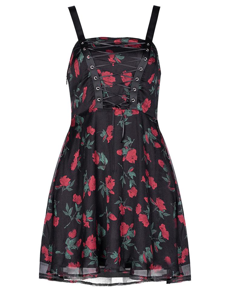 Retro Goth Strappy Floral Mini Dress