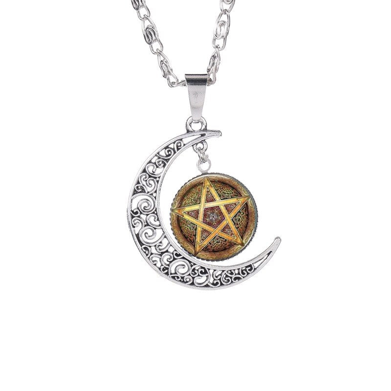 The Moon Pentagram Glass Pendant Necklace