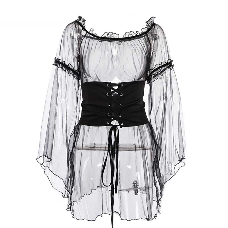 See Through Lace Up Black Mesh Dress