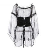 See Through Lace Up Black Mesh Dress