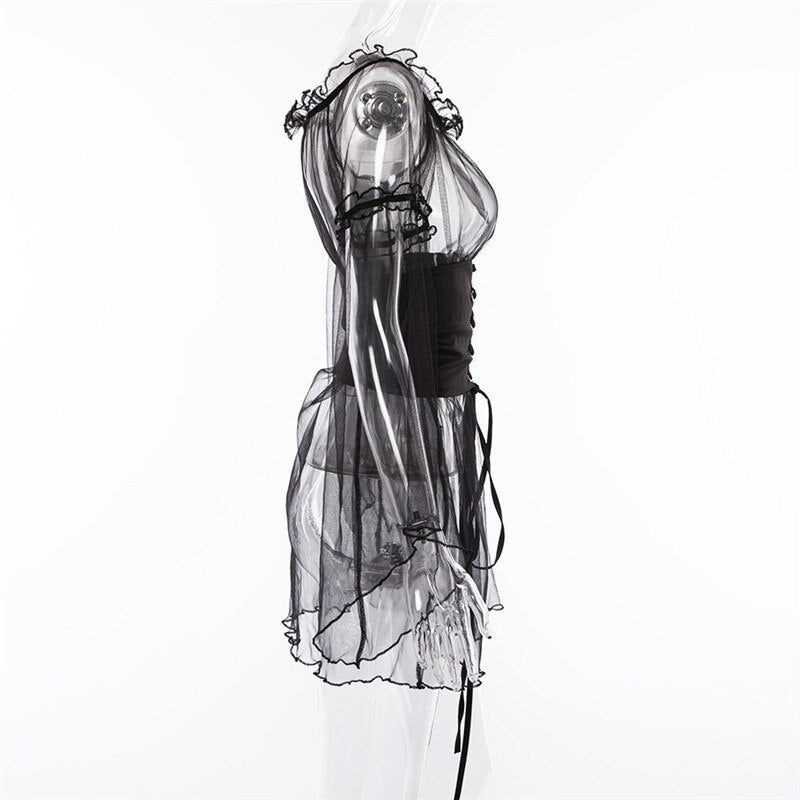 See Through Lace Up Black Mesh Dress