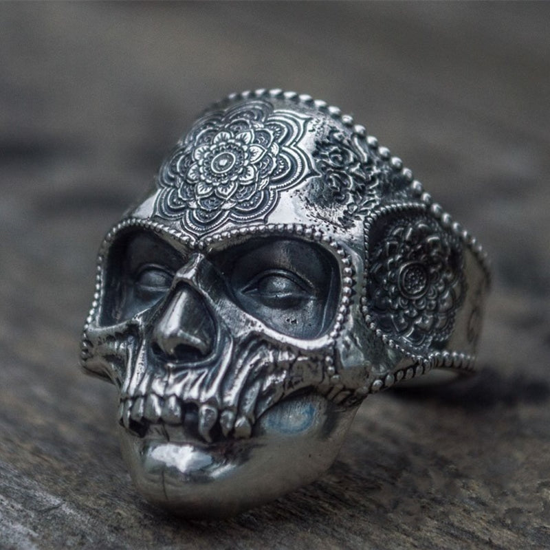 Skull Ring Mens Mandala Flower Santa