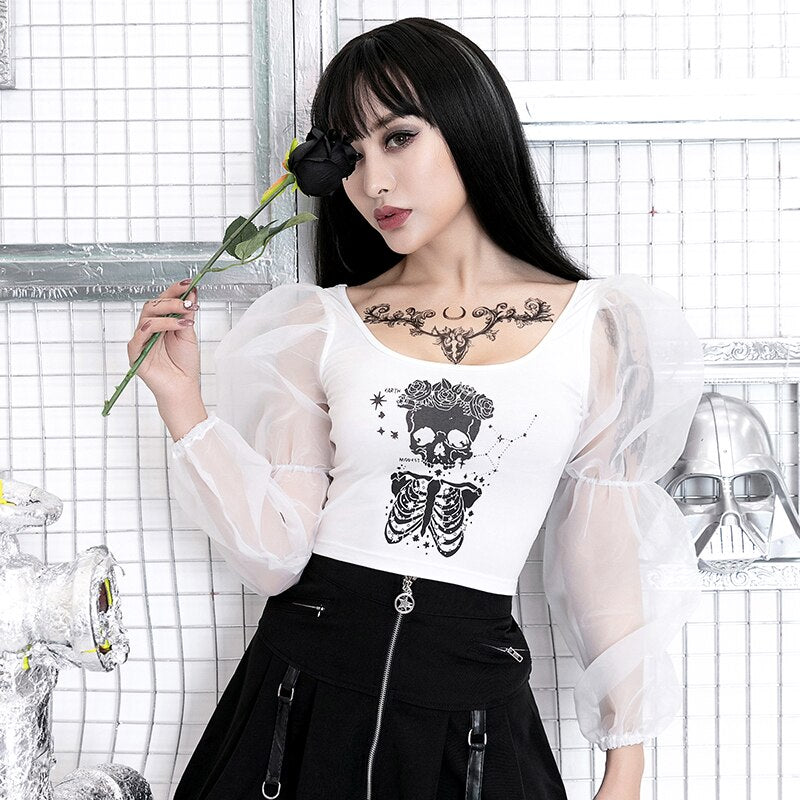 Crop Top Mesh Long Puff T-shirt