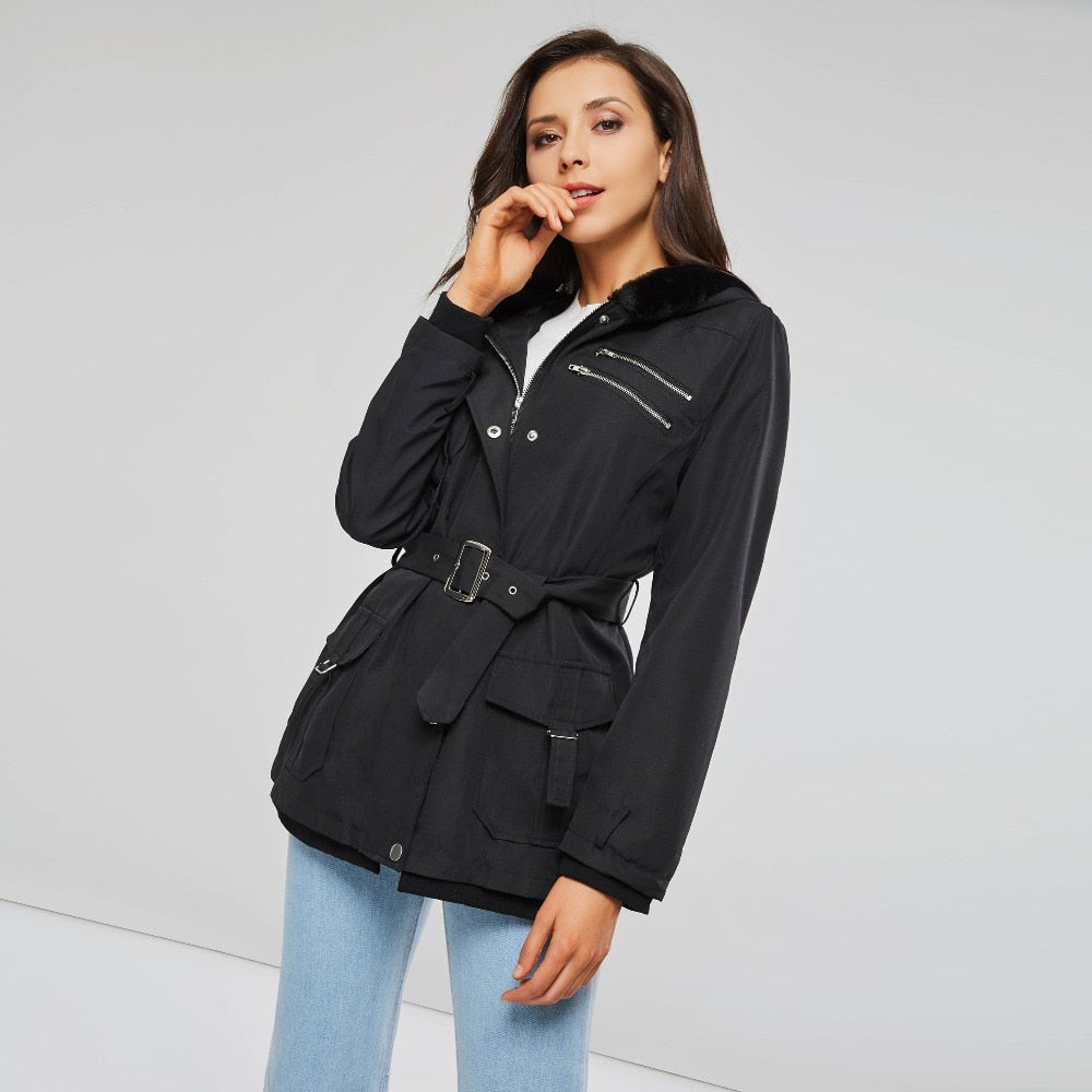 Zippers Belt Hooded Trench Coats
